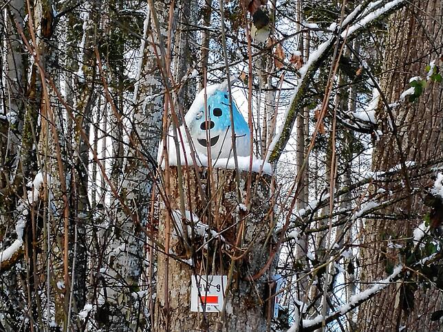 Auch der kleine Zierkürbis auf dem Pfahl mit den Hinweisen für Wanderer auf dem Hauptwanderweg 9 beim Schachenhof nahe Hoppetenzell.