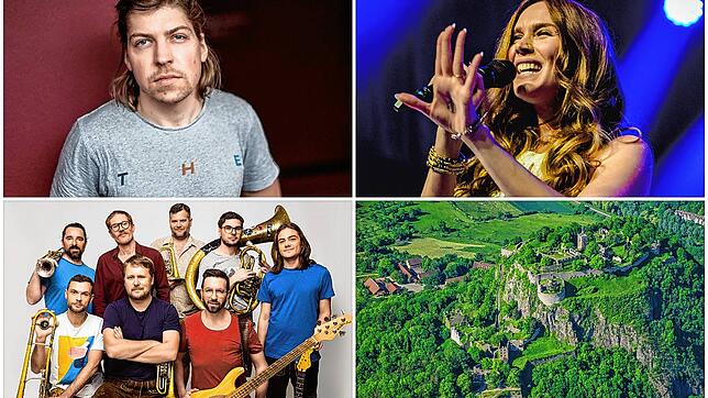 Sie stehen im Jahr 2023 auf der Bühne auf dem Hohentwiel (unten rechts): Singer-Songwriter Philipp Poisel (oben links), La Brass Banda ...