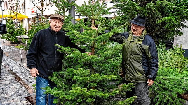Werner Sknzypuletz (links) kauft in der Rietstraße eine Nordmann-Tanne bei Karl Schüle.
