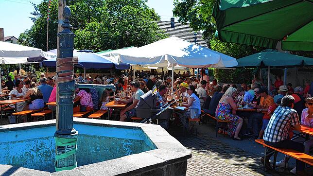 Schon zum Festauftakt zeigten sich viele Gäste beim Gassenfest in der Helgengasse, wo auch der Dorfbrunnen steht. Bild: Bernd Schwarz