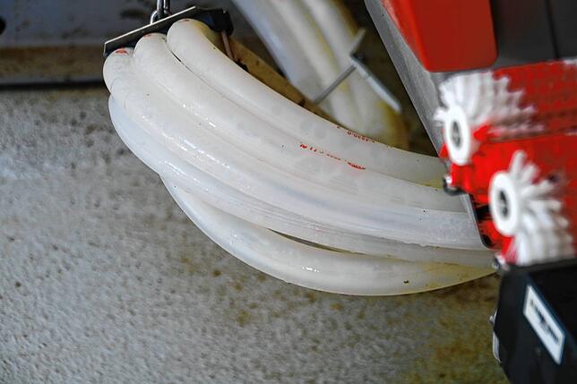 In den Schläuchen fließt die Milch aus dem Melkroboter ab.