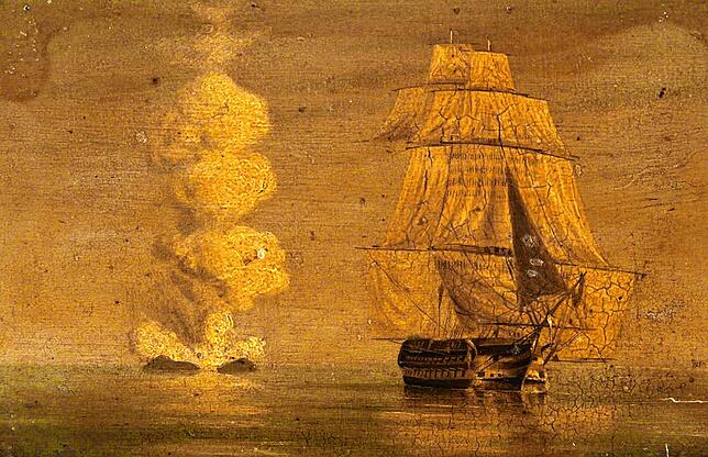 Die HMS Melville ankert vor „Graham Island“: So bezeichneten die Briten die geheimnisvolle Insel im Mittelmeer.