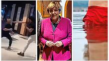 Drei Bilder aus einem vielfältigen Jahr: Ein Screenshot eines Gewaltvideos, Besuch der Ex-Bundeskanzlerin Angela Merkel und ein Mann im ...
