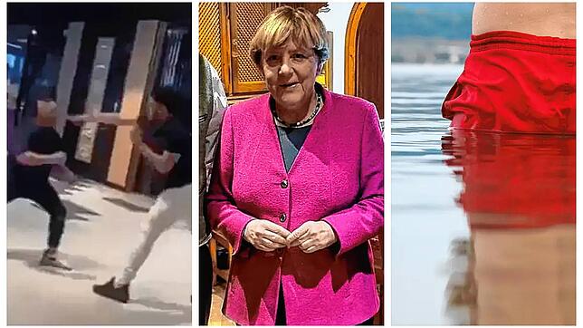 Drei Bilder aus einem vielfältigen Jahr: Ein Screenshot eines Gewaltvideos, Besuch der Ex-Bundeskanzlerin Angela Merkel und ein Mann im ...