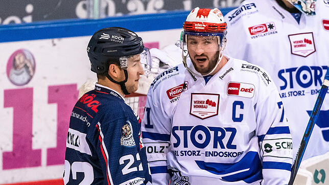 Wild Wings-Kapitän Travis Turnbull (rechts) im Gespräch mit seinem früheren Straubinger Teamkollegen Mike Connolly. Ausgerechnet bei ...