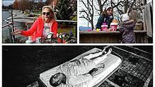Schriftstellerin Gaby Hauptmann am Allensbacher Seeufer, Ewa Ziehms mit ihrer Tochter auf dem Spieplatz und ein Mann im Rahmen des ...