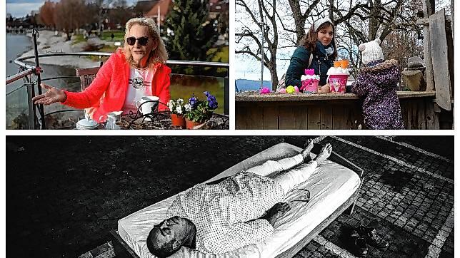 Schriftstellerin Gaby Hauptmann am Allensbacher Seeufer, Ewa Ziehms mit ihrer Tochter auf dem Spieplatz und ein Mann im Rahmen des ...