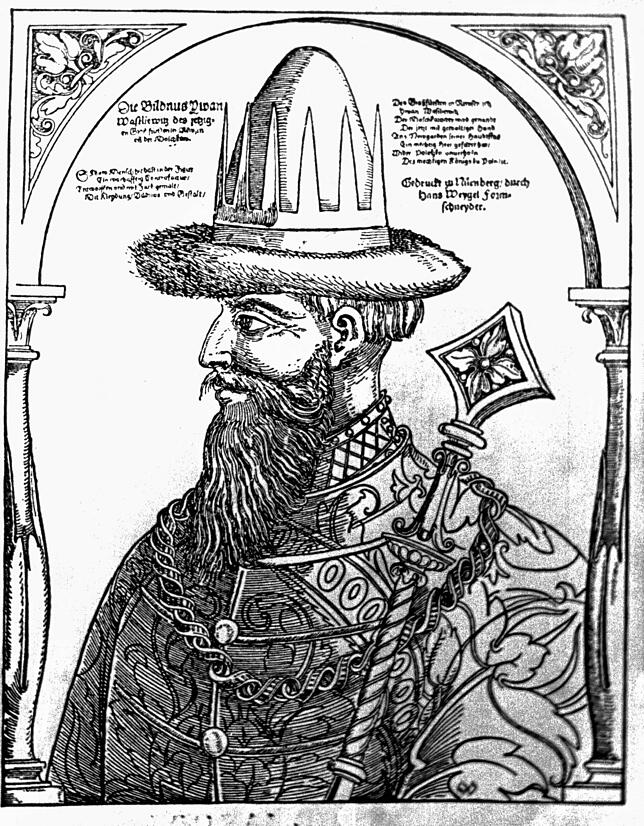 Der Stich von Hans Weygel (Nürnberg 1580) zeigt Iwan IV., der am 16. Januar 1547 in Moskau zum ersten Zaren von Russland gekrönt wurde.