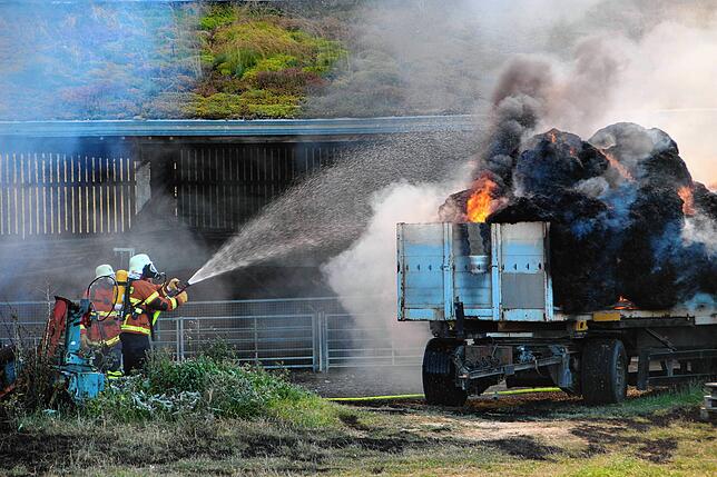 Die Feuerwehr ist bei den Löscharbeiten stark gefordert. Auch Fahrzeuge brannten aus.