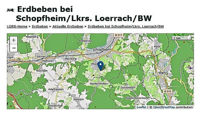 Auf seiner Homepage gibt der Landeserdbebendienst das Epizentrum des Bebens südlich von Schopfheim an.