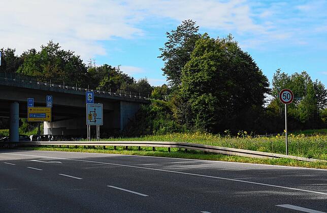 Für den Durchgangsverkehr aus Richtung Stockach auf der B 313 gilt nun ein Tempolimit von 50 Kilometern in der Stunde (Schild ...