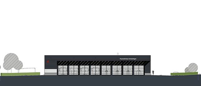Das neue Immendinger Feuerwehrhaus ist ein zweistöckiges Gebäude mit großer Fahrzeughalle für fünf Fahrzeuge und drei Abrollcontainer, ...