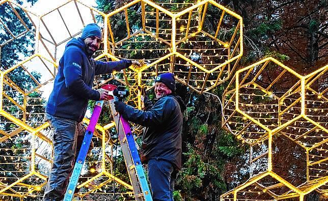 (Archivbild) Jede Menge Lichter sind zu befestigen. Philipp Matt (links) und Andreas Holl beim Aufbau der Bienenwabe für den Christmas ...