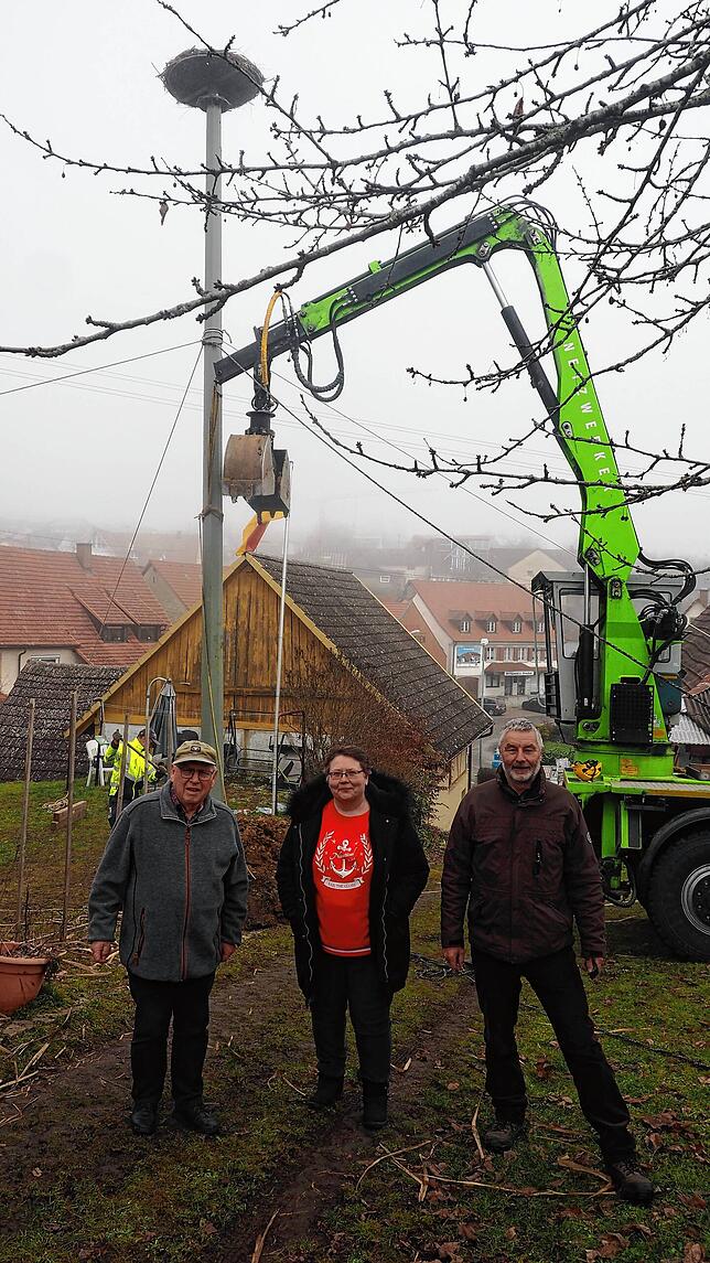 Wolfgang Schäfle, Ute Keller und Hanspeter Wickert freuen sich, dass ED Netze Blumberg den Mast samt obenauf thronendem Storchennest setzt.