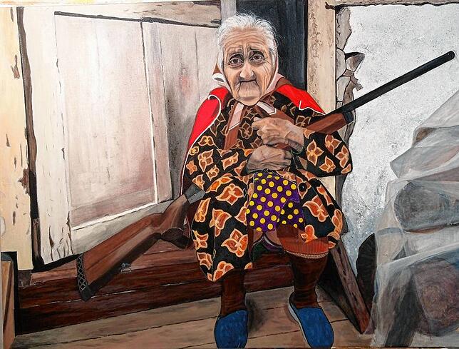Das Gemälde „Alte Frau mit Gewehr von Regula Gebhardt“.