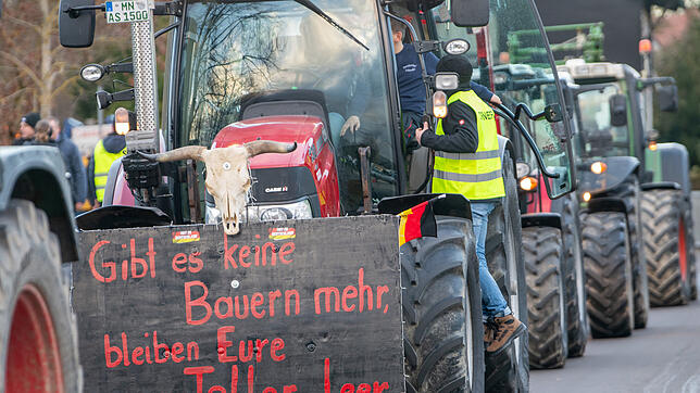 Der Schädel eines toten Rindes samt eines Plakats mit der Aufschrift &bdquo;Gibt es keine Bauern mehr, bleiben eure Teller leer&ldquo; ...