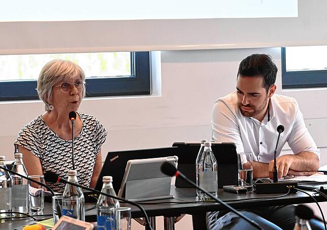 Planerin Waltraut Fuchs stellt den Entwurf des Bebauungsplans Blütenhang im Gemeinderat vor. Rechts sitzt Bürgermeister Christoph Stolz.