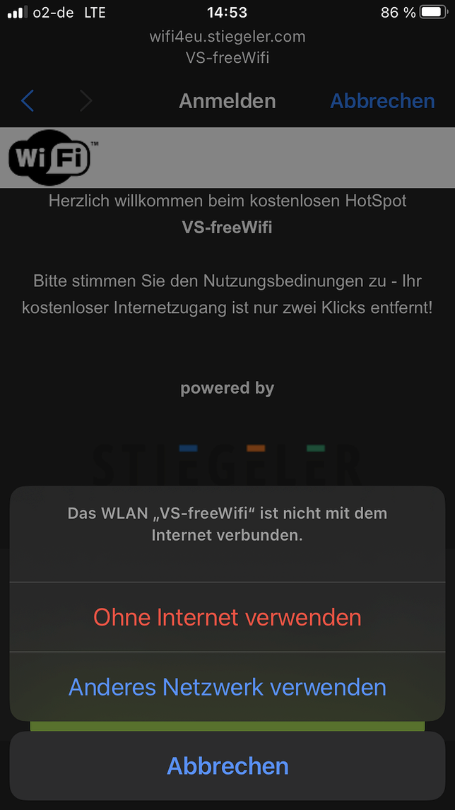 So sieht es aus, wenn im VS-freeWifi die Nutzungsbedingungen nicht akzeptiert werden. Dann gibt es kein Internet.