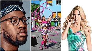 Kelvin Jones auf dem Honberg in Tuttlingen, eine Schaustellerin mit Hula-Hooping beim Street-Art-Festival in Blumberg, und eine ...
