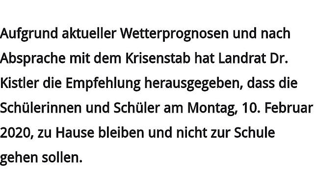 Screenshot der Mitteilung des Landratsamtes Waldshut am Sonntag, 9. Februar 2020.
