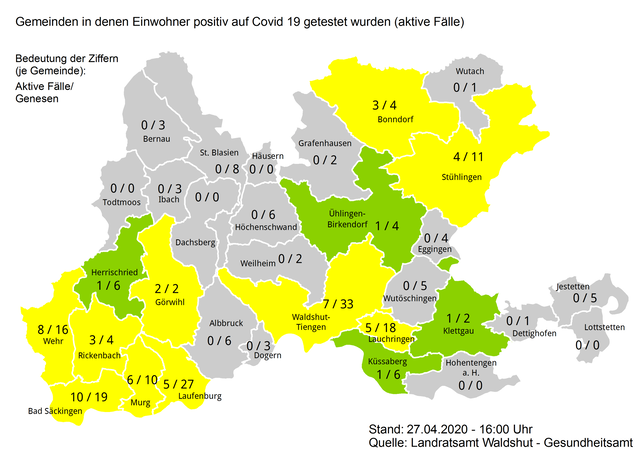 Stand der Corona-Infizierten im Landkreis Waldshut am Montag, 27. April 2020.