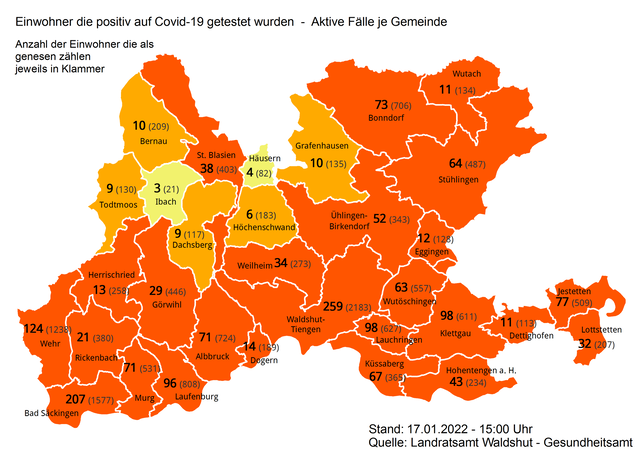 Aktive Corona-Infektionen und in Klammern Genesene in den Städten und Gemeinden im Landkreis Waldshut am 17. Januar 2022.