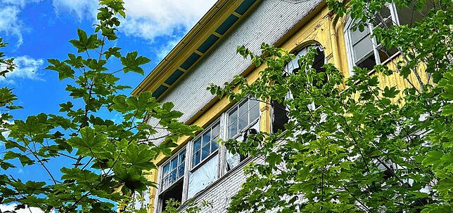 Das ehemalige Kindersolbad Haus Hohenbaden im Juli 2024: In dem seit 20 Jahren leer stehenden Gebäude ist praktisch keine Fensterscheibe ...