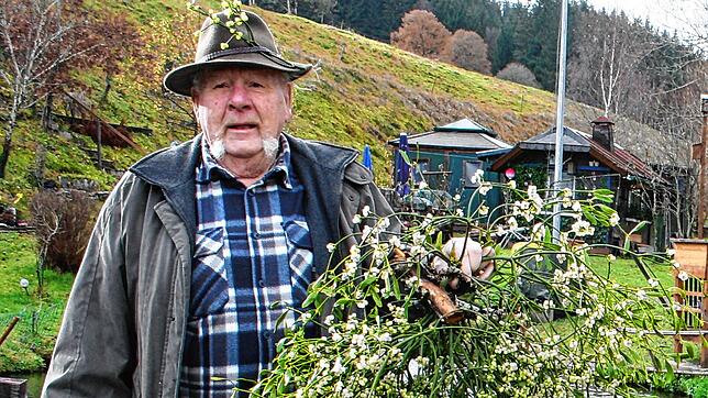 Seit vielen Jahren erntet Dietmar Birk zur Weihnachtszeit Misteln. Das Foto zeigt den früheren SÜDKURIER-Zusteller vor seinem ...