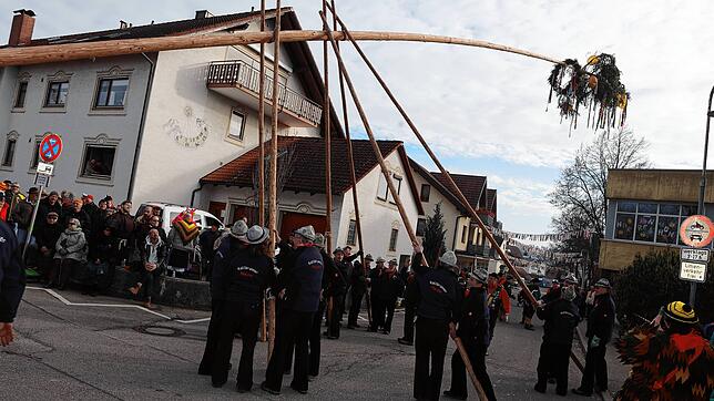 Bild 19: Seenarrentreffen in Dettingen: Auf dem Dorfplatz steht jetzt der Narrenbaum