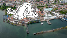 Die Zeichnung von einem Flugtaxi über Friedrichshafen, das auf dem Weg nach Konstanz ist.