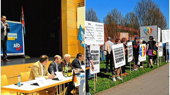 AfD-Politiker (linkes Bild; von links) Bernhard Eisenhut (auf der Bühne), Anton Baron, Miguel Klauß, Emil Sänze und Stephan Brandner in ...