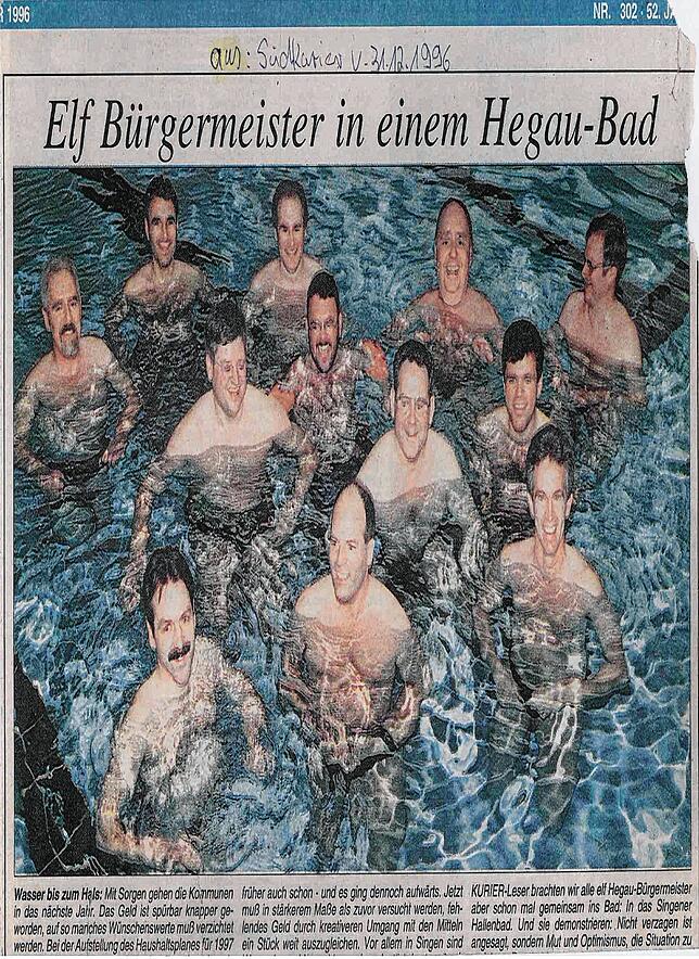 Zu Silvester 1996 erschien dieses Bild mit elf Hegauer Bürgermeistern, denen das Wasser bis zum Hals steht, im SÜDKURIER. Der Ausschnitt ...