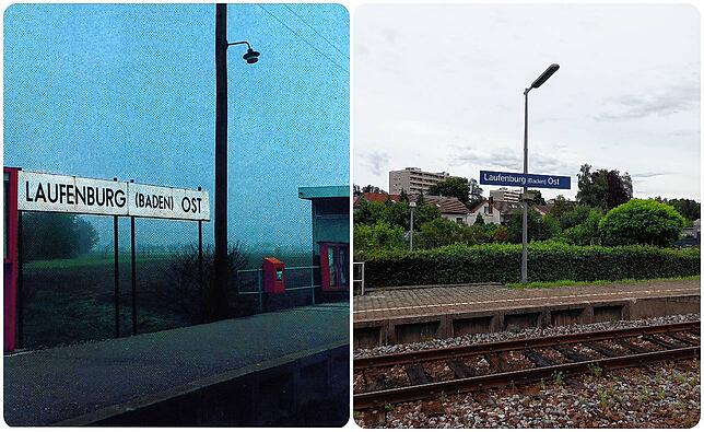 Links: Der Bahnhof Laufenburg-Ost weit vor Beginn der Baumaßnahmen 1985 noch ohne Wohnbebauung nördlich des Gleises. Rechts: Eine ...
