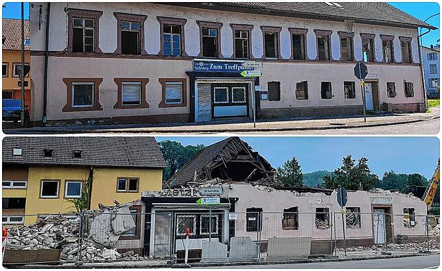 Bild 1: Brennet: Das Gasthaus "Kreuz" vor und nach dem Abriss
