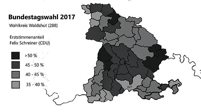 Flächendeckend lag Felix Schreiner 2017 im gesamten Wahlkreis vor. Teilweise mit über 30 Prozentpunkten Abstand.