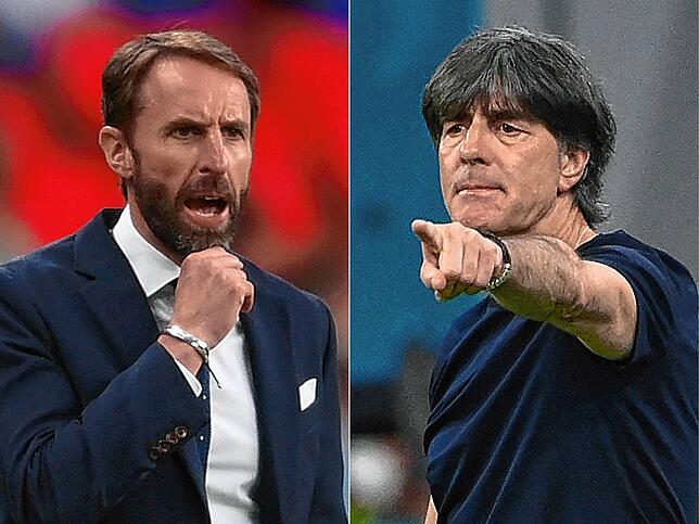 Gareth Soutgate (links), Trainer der Three Lions, trifft auf Jogi Löw.