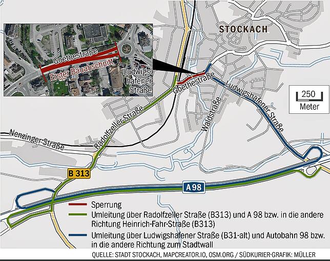 Vollsperrung in der Goethestraße: Der Ausschnitt links oben ist der erste Bauabschnitt. Auf der großen Karte sind beide Bauabschnitte ...