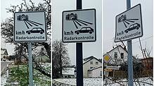 Drei Verkehrsschilder an den Ortseinfahrten von Baitenhausen weisen auf eine Geschwindigkeitskontrolle hin. Zugehörige Radarfallen gibt ...
