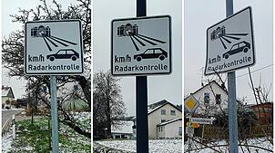Drei Verkehrsschilder an den Ortseinfahrten von Baitenhausen weisen auf eine Geschwindigkeitskontrolle hin. Zugehörige Radarfallen gibt ...
