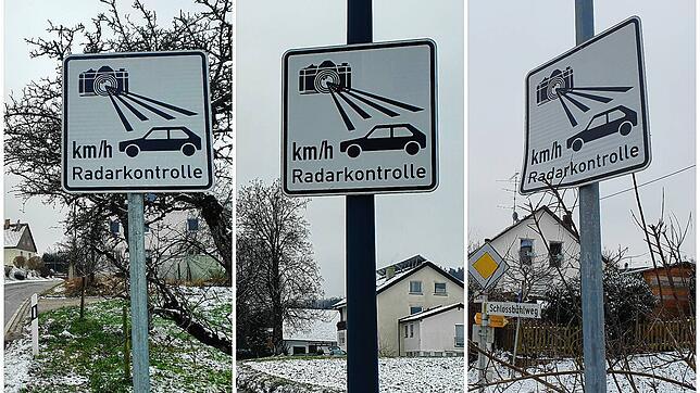 Drei Verkehrsschilder an den Ortseinfahrten von Baitenhausen weisen auf eine Geschwindigkeitskontrolle hin. Zugehörige Radarfallen gibt ...