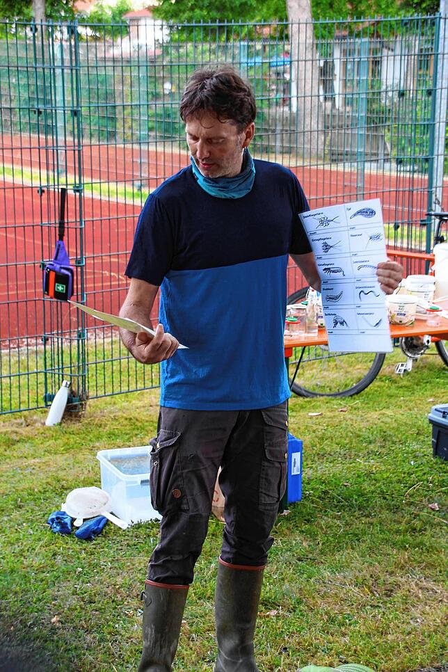 Anhand von Schaubildern und Büchern bestimmt Martin Hensler mit den Grundschülern die vorgefundenen Wasserlebewesen.