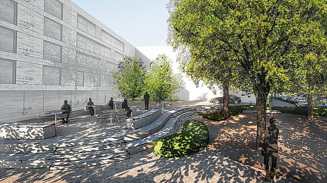 Ein Entwurfsbild zu den Grünanlagen: Gezeigt wird der Willkommensplatz vor dem geplanten Pflegeheim.