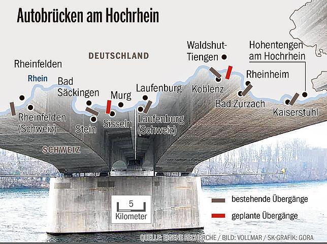 Die Rheinquerungen von Deutschland in die Schweiz zwischen Basel und dem Rheinfall bei Schaffhausen. In Zukunft könnten eine oder zwei ...
