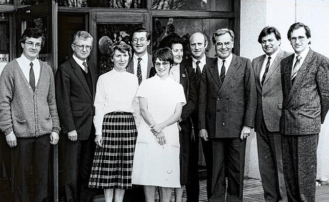 1980: Einweihung mit Clemens Walz (von links), Martin Briechle, Waltraud Rothkapp, Winfried Herrmann, unbekannt, Carola Knäpple, Hubert ...