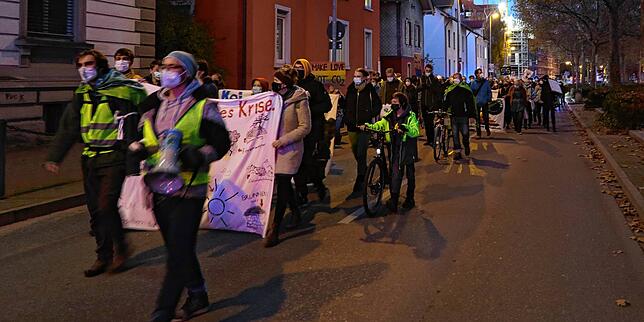 Die Demonstration anlässlich von 100 Tagen Klimacamp zog unter anderem über die zeitweise gesperrte Laube.