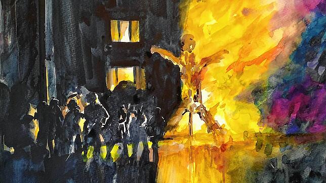 Bild : Das Corona-Tagebuch der Redaktion Radolfzell, Teil 62: Die Fasnachtsverbrennung als Aquarell für die Ewigkeit