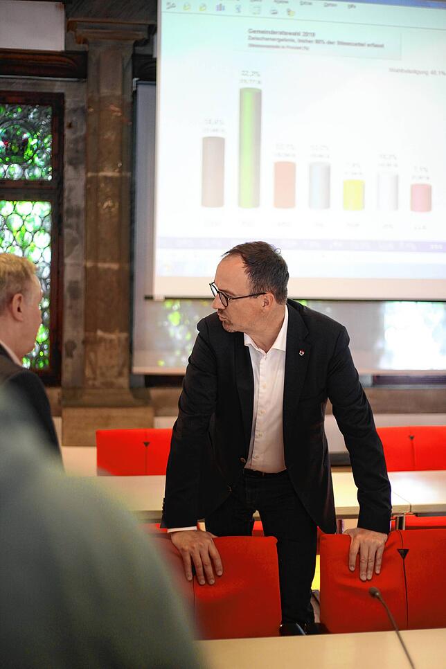 (Archivbild von Mai 2019): Oberbürgermeister Ulrich Burchardt verfolgt live die Auszählung der Gemeinderatswahl 2019 im Konstanzer Ratssaal.