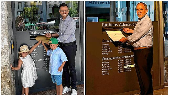 Beide OB-Kandidaten werfen ihre Bewerbung in den Briefkasten am Rathaus: Johannes Henne mit seinen Kindern, Simon Blümcke kurz nach ...