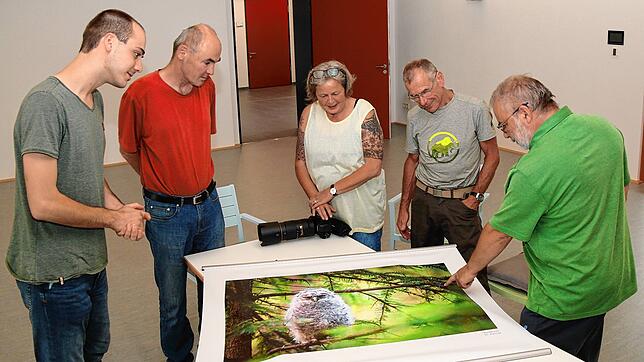 Im Vorfeld der Fotoausstellung begutachten Aaron Potschaske (von links), Jörg Potschaske, Sabine Magnall, Günter Keller und Peter Gapp ...