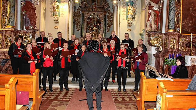 Im Rahmen des Kirchenkonzerts (im Bild Kirchenchor Bühl) in der kleinen Barockkirche werden langjährige Mitglieder geehrt (von links): ...
